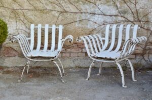 Fauteuils de jardins ancien style 1900 en lame de fer forgé antiquité bohème