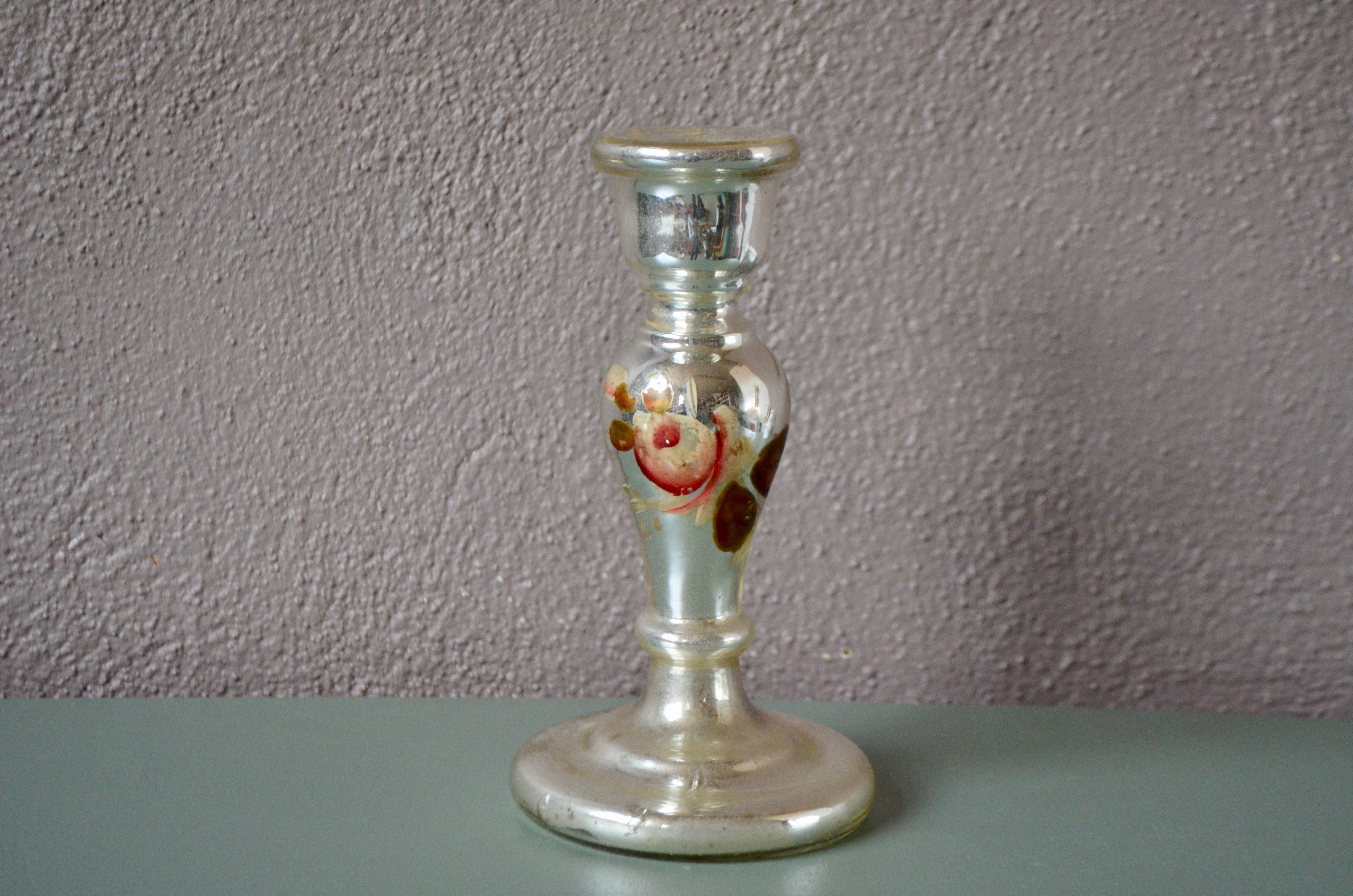 Ancien bougeoir XIX verre églomisé mercurisé doré
