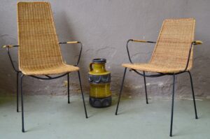 Paire de fauteuils vintage en métal et osier modernistes minimalistes design