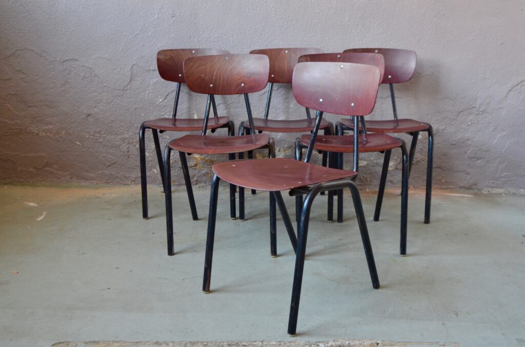 Lot série 6 chaises vintage coques pagwood pagoltz bois chrome vintage mobilier cuisine
