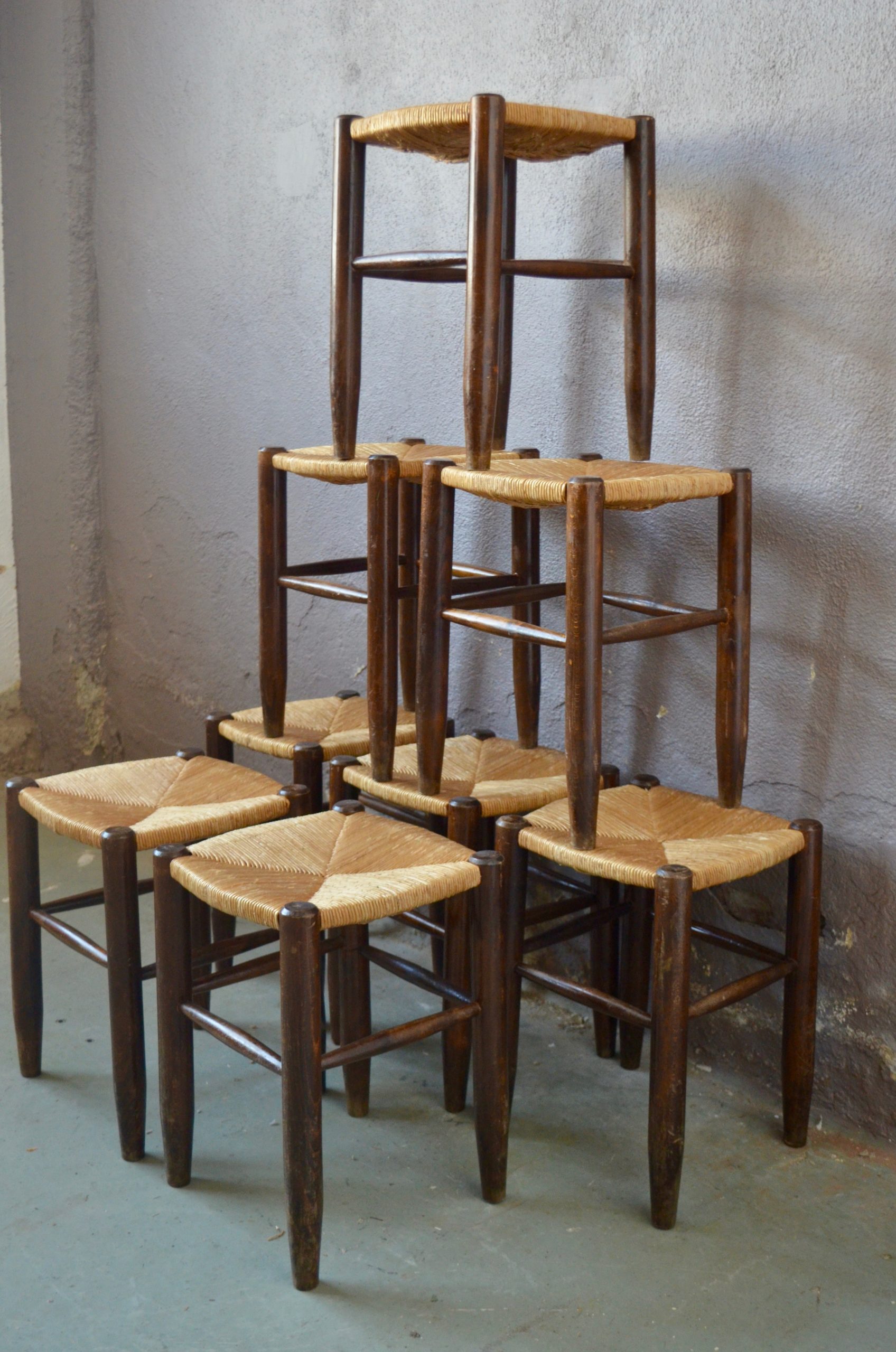 Tabourets lot bois et paille rustique chalet ferme