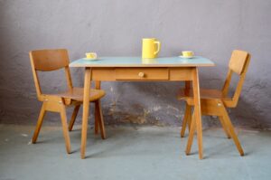 Petite table de cuisine bureau pieds compas scandinave années 60 formica tiroir vintage rétro antic kitchen table scandinavian deco sixties desk