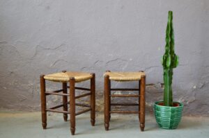 Tabourets  paire bohème bois et paille rustique chalet ferme