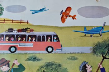 Poster scolaire ancienne Fernand Nathan chambre enfant Avion Bus campagne