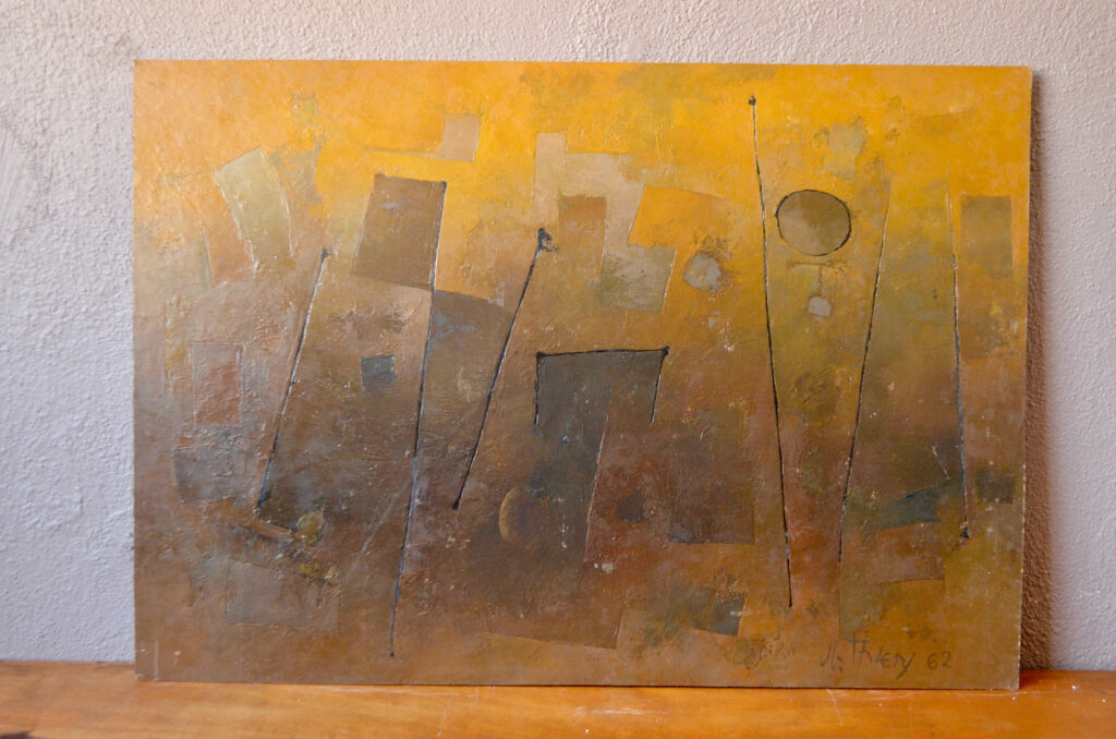 Composition abstraite, huile sur panneau de bois de JB Thiery. Signé et datée par l'artiste 1962. Belle composition, dense , chaleureuse avec des effets de profondeur et de superposition et de trame. Peinture travaillée dans l'épaisseur. Beau tableau ancien, original et décoratif.