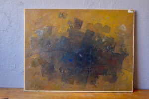 Composition abstraite, huile sur panneau de bois de JB Thiery encadrée. Signé et datée par l'artiste 1961