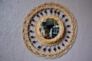 Miroir en rotin ancien, rond ancien et bohème