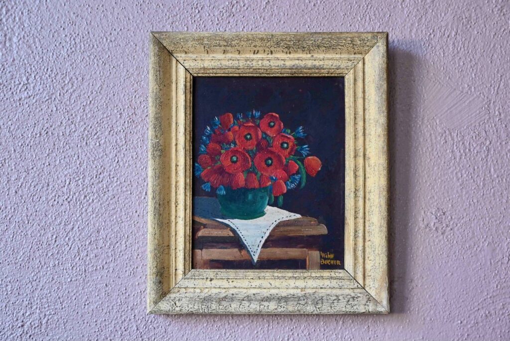 Tableau Pavots de Milo Bucher, tableau abstrait., tableau ancien encadré, tableau ancien, tableau bohème, tableau campagne, tableau fleurs, tableau français bohème, tableau vintage, déco murale rétro
