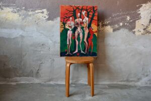 Peinture à l'huile Simone Wicki, peinture, peinture abstraite contemporaine, peinture ancienne, peinture bohème, déco murale art déco, déco murale rétro, déco murale vintage, tableau abstrait., tableau ancien, tableau art brut, tableau bohème