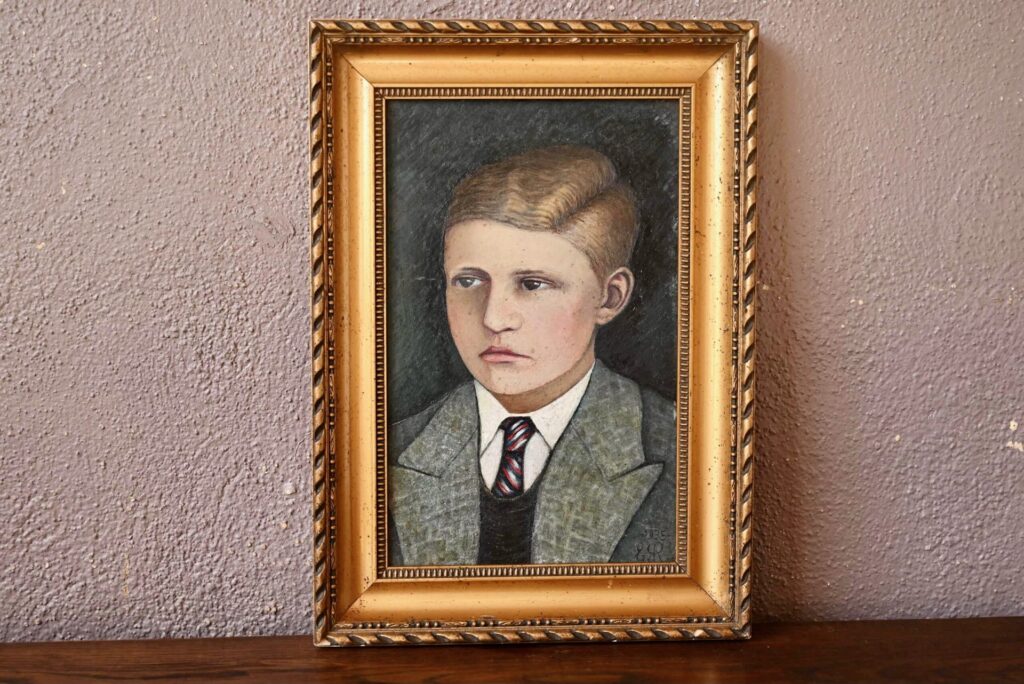 Tableau portrait d'enfant Robert, peinture ancienne, peinture académique, peinture bohème, peinture signée, peinture vintage originale, portrait ancien, tableau portrait, tableau ancien, tableau ancien encadré, tableau bohème, tableau montmartre, tableau vintage