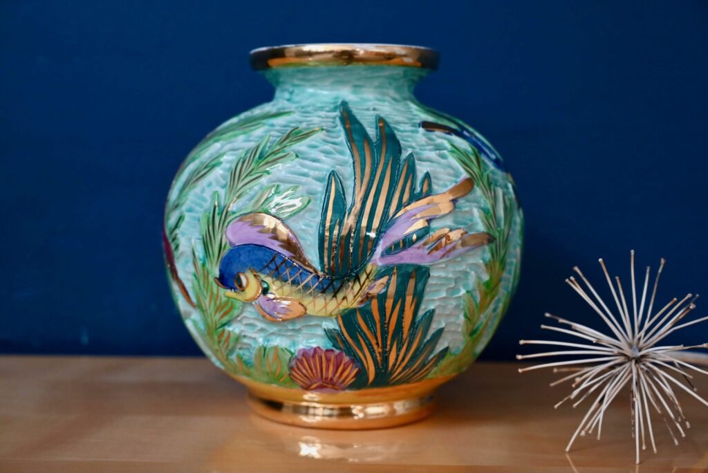 Vase boule Monaco Lamarche, grand vase art déco, vase art déco, vase art déco céramique, vase art déco collection, vase art déco vert, vase doré, vase années 60 design, déco années 50, déco midcentury, vase boule, vase boule art déco, céramique vallauris