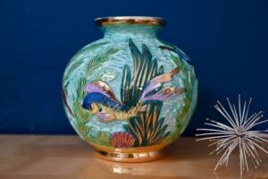 Vase boule Monaco Lamarche, grand vase art déco, vase art déco, vase art déco céramique, vase art déco collection, vase art déco vert, vase doré, vase années 60 design, déco années 50, déco midcentury, vase boule, vase boule art déco, céramique vallauris