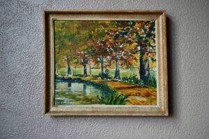 Tableau huile sur toile bohème, paysage coloré peinture, peinture, peinture 1960, peinture bohème, peinture signée, déco murale années 50, déco murale art déco, déco murale, déco murale rétro, déco murale vintage, déco nature