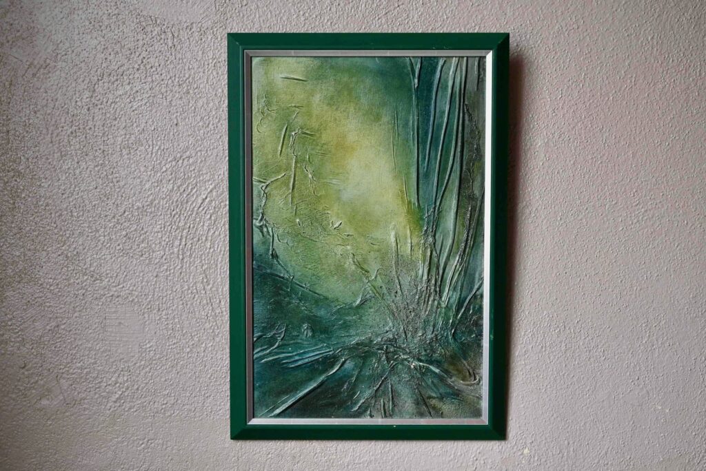 Tableau "Zakopane" de Michal Bajsarowicz, tableau, tableau abstrait., tableau relief, tableau signé, tableau vintage, grand tableau, tableau art brut, tableau campagne, tableau montagne, années 80, design années 80, déco années 80, peintre ancien, peintre soviétique