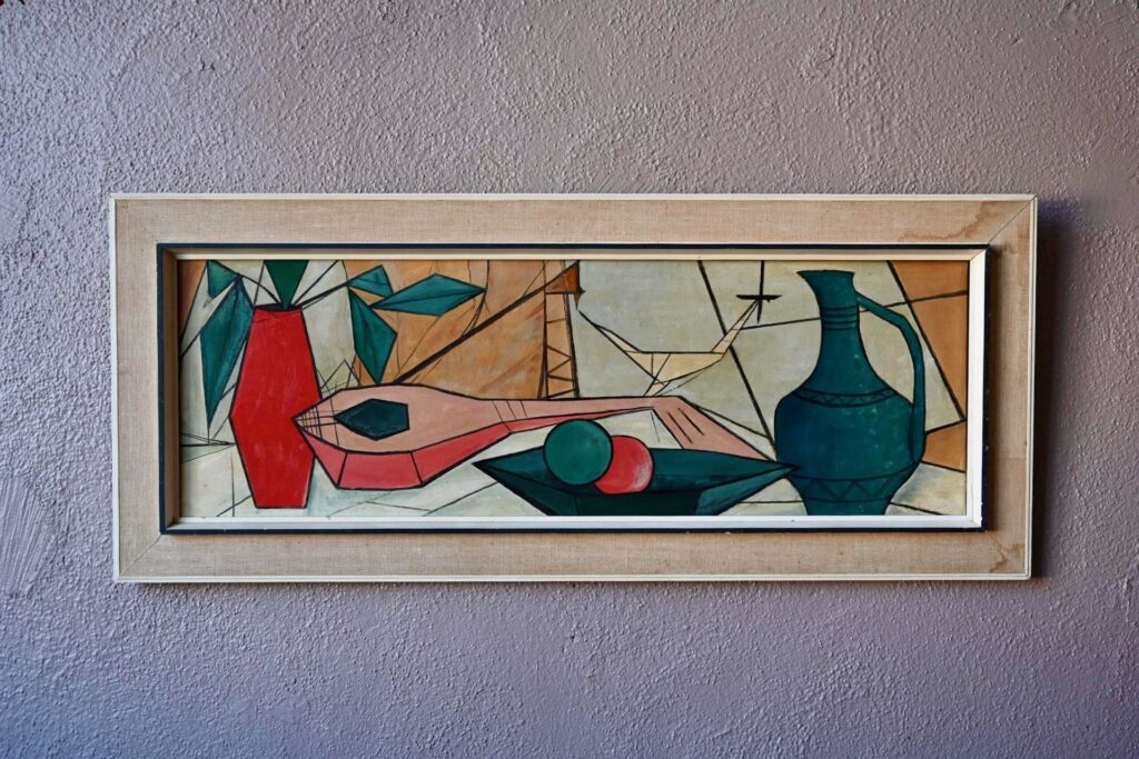 Peinture huile sur toile Nature Morte style cubiste années 1950, tableau cubiste, grand tableau, style art déco, peinture sur bois, tableau art brut, accumulation déco murale tableaux, tableau abstrait., tableau ancien encadré, tableau bohème, tableau d'école vintage, tableau paris, tableau vintage