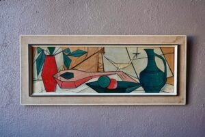 Peinture huile sur toile Nature Morte style cubiste années 1950, tableau cubiste, grand tableau, style art déco, peinture sur bois, tableau art brut, accumulation déco murale tableaux, tableau abstrait., tableau ancien encadré, tableau bohème, tableau d'école vintage, tableau paris, tableau vintage