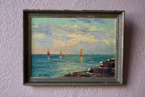 Tableau Marine École Russe, tableau mer, tableau ancien, peinture sur bois, tableau, tableau bleu, tableau ancien encadré
