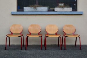 Série de 4 chaises postmodern Rio Fröscher, 1980, chaise design, chaises vintage, mobilier vintage, design allemand, postmoderne, chaises, métal, contreplaqué, fröscher
