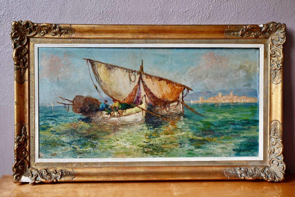 Tableau Méditerranée de Noël Barsac, 1950 mobilier vintage, 1960s, tableau paysage, tableau, tableau ancien, tableau ancien encadré, grand tableau, accumulation déco murale tableaux, tableau d'école vintage, tableau mer, tableau vintage, tableaux anciens vintage