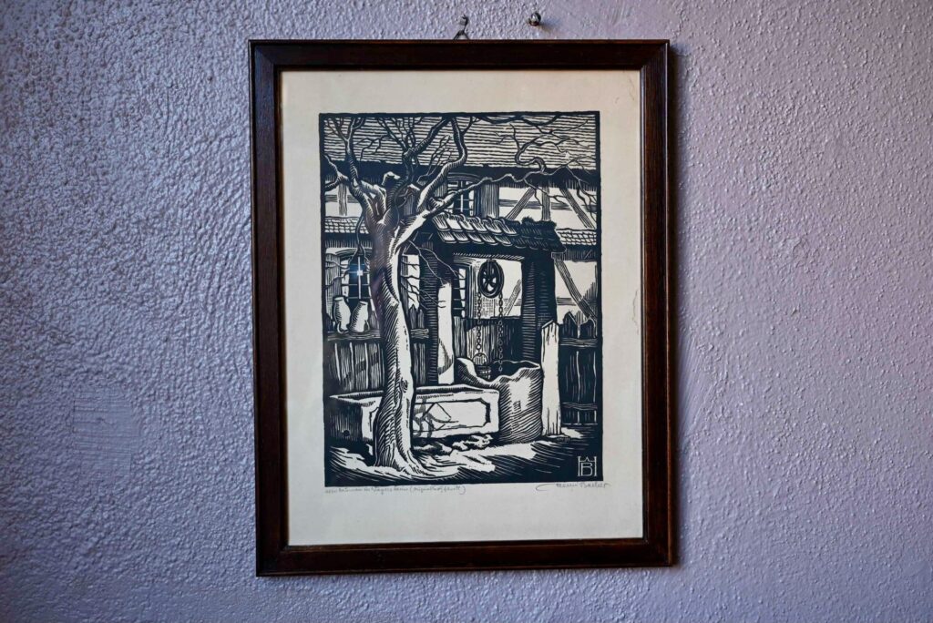 Estampe originale de Henri Bacher, estampe, gravure sur bois, art nouveau, style art nouveau, début de siècle, début siècle, alsace, xylogravure, alsatique, gravure 1920, meuble graveur, gravure campagne, gravure ancienne