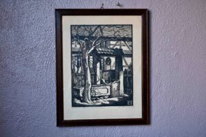 Estampe originale de Henri Bacher, estampe, gravure sur bois, art nouveau, style art nouveau, début de siècle, début siècle, alsace, xylogravure, alsatique, gravure 1920, meuble graveur, gravure campagne, gravure ancienne