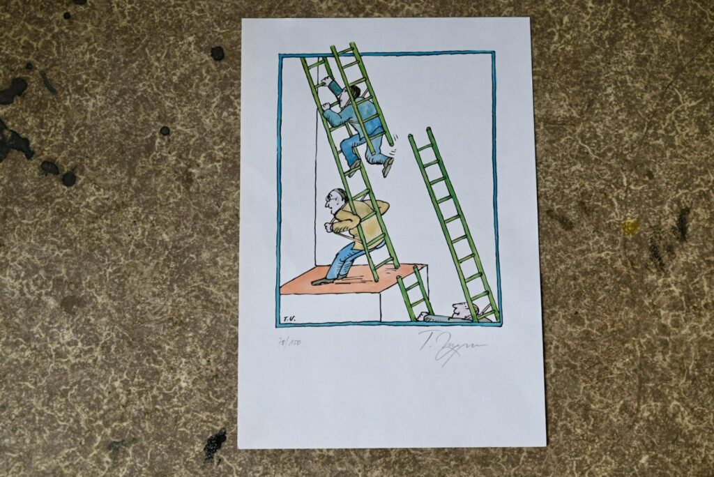 Estampe originale et signée de Tomy Ungerer "L'Ascenseur social" 1974, estampe, lithographie signée, lithographie caricature, art français, artiste, estampe jean michel folon, art populaire alsacien, alsace, bohème lithographie, lithographie, lithographie ancienne, lithographie originale
