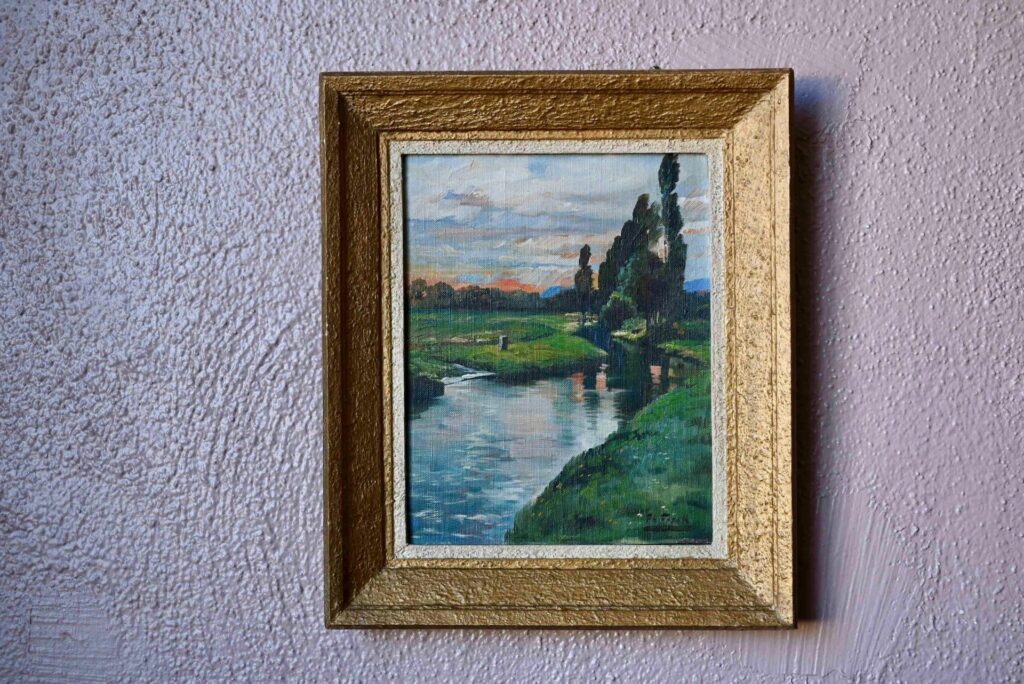 Tableau bohème Philippe Frank, tableau, tableau paysage, huile sur toile, tableau ancien, tableau ancien encadré, tableau campagne, grand tableau, tableau vintage, déco bohème, accumulation déco bohème, déco bohème rétro, déco bohème rustique