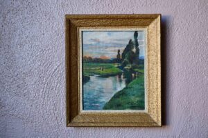 Tableau bohème Philippe Frank, tableau, tableau paysage, huile sur toile, tableau ancien, tableau ancien encadré, tableau campagne, grand tableau, tableau vintage, déco bohème, accumulation déco bohème, déco bohème rétro, déco bohème rustique