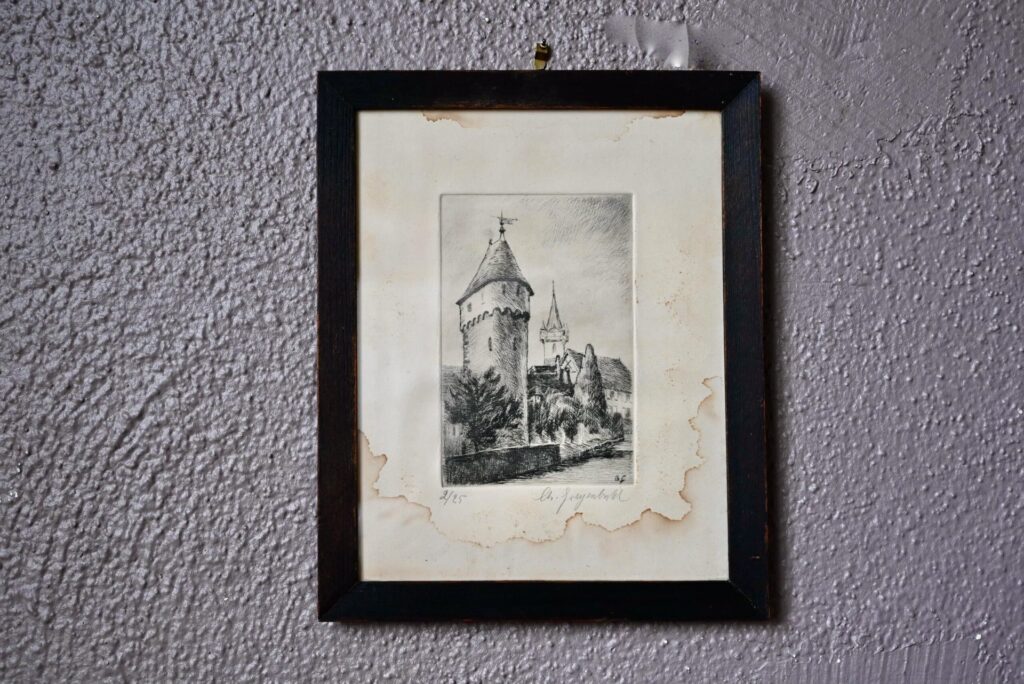 Gravure ancienne Obernai, gravure ancienne, gravure cathédrale, gravure sur bois, technique mixte sur papier, gravure campagne, gravure 1920, déco murale rétro, accumulation déco murale tableaux, déco murale vintage, 1900, décoration 1900