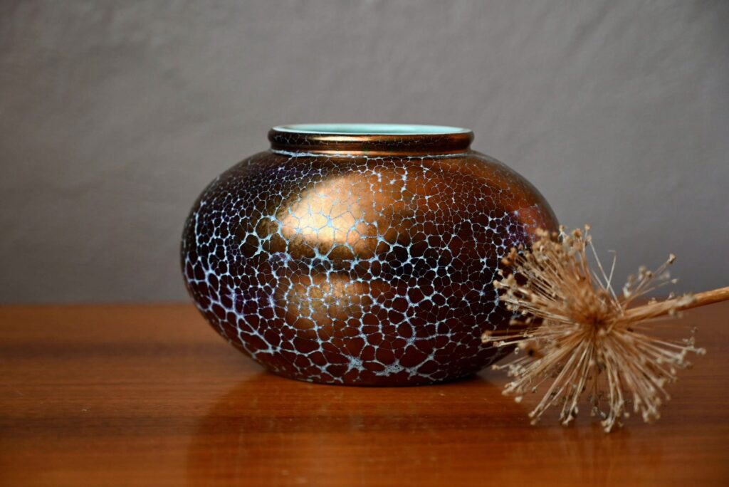 Vase Scheurich doré craquelé, vase boule, vase céramique, vase céramique vintage, vase émail, vase en céramique, cache pot céramique, cache pot en céramique, vase années 60 design, céramique scheurich, vase scheurich, vase scheurich fat lava, déco west germany