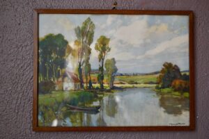 Peinture impressionniste "La barque" de Georges Robin, tableau ancien encadré, tableau paysage, huile sur toile, tableau ancien, tableau campagne, tableau vintage france, tableau, tableau bohème, tableau français bohème, 1920, peintre ancien, huile toile
