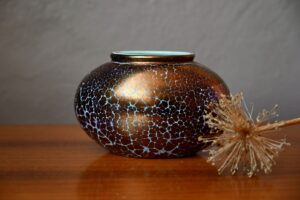 Vase Scheurich doré craquelé, vase boule, vase céramique, vase céramique vintage, vase émail, vase en céramique, cache pot céramique, cache pot en céramique, vase années 60 design, céramique scheurich, vase scheurich, vase scheurich fat lava, déco west germany