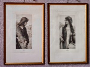 Paire d'estampes Ruth & Rachel d'après Henry Ryland, 1903, gravure ancienne, gravure sur bois, cadres en bois, école des beaux arts, estampe, style néoclassique, gravure cathédrale, gravure 1920, tableau ancien, tableau ancien encadré, tableau campagne, tableau bohème, tableau femme nue, tableaux anciens vintage, accumulation déco murale tableaux, objet religieux