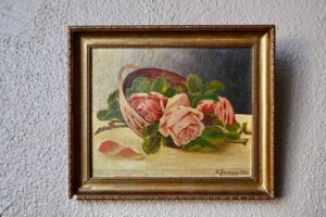 Peinture aux roses de E.Durmann, 1926, huile sur toile, début de siècle, début siècle, déco murale, déco murale art déco, déco murale vintage, tableau ancien, tableau ancien encadré, tableau bohème, tableau campagne, tableau fleurs, peinture académique, peinture ancienne, peinture bohème, tableau vintage france, déco murale années 50, déco murale rétro, décoration 1920, décoration ancienne, décoration années 30, décoration art déco, décoration bohème, décoration bohème vintage, décoration bohème rétro, décoration d'intérieur bohème