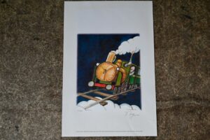 Estampe originale et signée de Tomy Ungerer "Le Train de la Bière" 1994, estampe, lithographie signée, lithographie caricature, art français, artiste, estampe jean michel folon, art populaire alsacien, alsace, bohème lithographie, lithographie, lithographie ancienne, lithographie originale