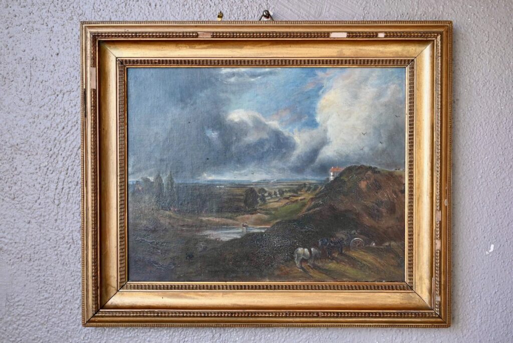 Huile sur toile paysage romantique XIXe siècle cadre bois doré, tableau, huile sur toile, tableau paysage, tableau ancien, tableau ancien encadré, grand tableau, tableau campagne, paysage coloré peinture, meuble peinture patinée, peinture ancienne, peinture bohème, peinture patinée, déco murale, déco murale art déco, déco murale vintage, accumulation déco bohème, déco bohème 1900, déco bohème rétro, déco france, décoration france, décoration murale france